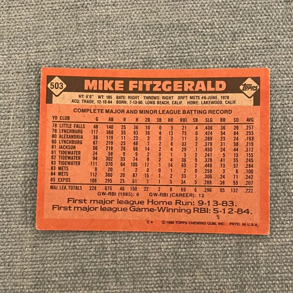1986 Topps Montreal Expos Baseball Card - Picture 2 of 2